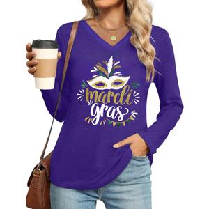 Mardi Gras Shirts for Women Mardi Gras Long Sleeve Shirt Fat Tuesday T Shirts Mask Graphic Tees New Orleans Party V Neck Top, 2XL