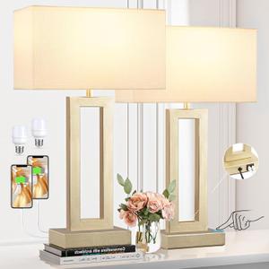 Seealle 22" Tall Bedroom Lamps for Living Room - Touch Gold Bedside Lamps with USB C+A, 3 Way Dimmable for Nightstand, Modern Night Stands for End Tables (White & Gold)