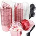Cupcake Liners with Dome Lids 100Pack,Free-Air 3.5Oz Mini Foil Baking Cups Muffin Liners,Disposable Muffin Tin Cupcake Cups for Individual Bakery Wedding Birthday Party, with Spoons-Rose gold