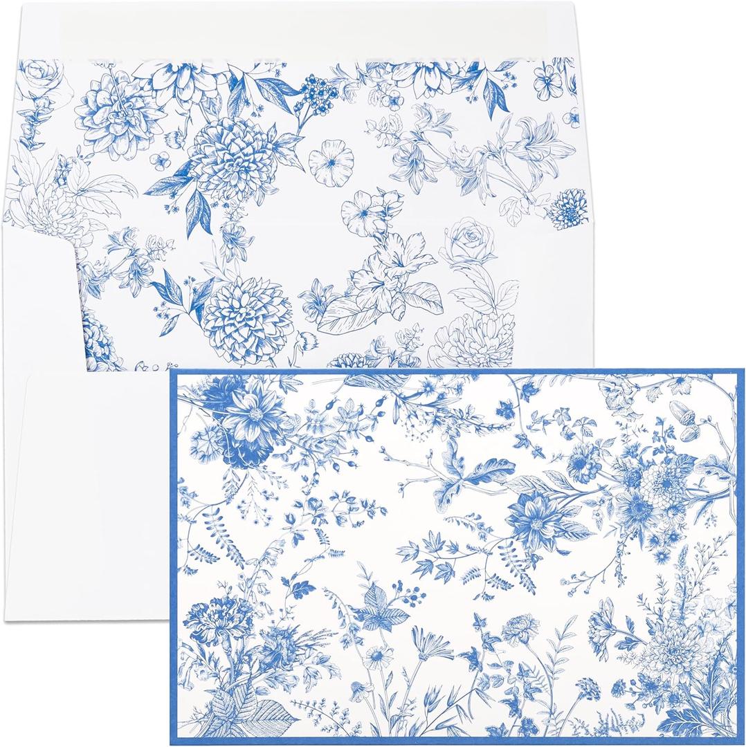 Crisky 50 Pack Blue Floral Blank Note Cards with Envelopes & Stickers, Gold Foil Bridal Shower Thank You Cards Greeting Bulk for Birthday, Baby Shower, Wedding, Graduation