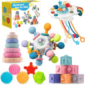 SpringFlower 0-3-6-12 Months Baby Toys, 5 in 1 Montessori Toys for Babies, Teething Toy & Stacking Building Block & Ring & Silicone Pull String, Sensory Development Baby Infant Toy, Gift for Babies