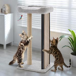 Veehoo 35" Tall Cat Scratching Post for Indoor Cats Adult, Sturdy Cat Scratch Pad with Replaceable Metal Frame Scratching Board, Large Scratch Post with Plush Top Bed (Grey)