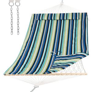 SUNCREAT Hammocks Outdoor Double Hammock with Hardwood Spreader Bar, Cotton Rope Hammock with Polyester Pad, Blue&Green