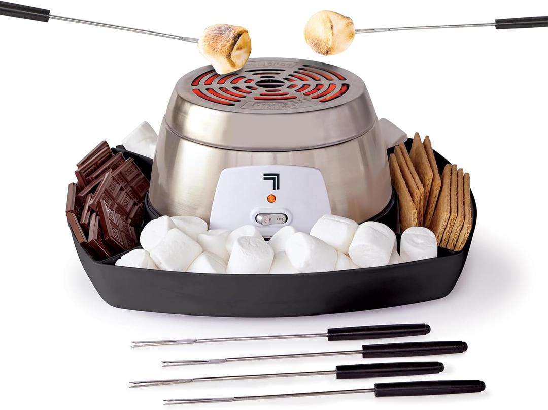 Sharper Image Electric Smores Maker  6 Marshmallow Roasting Sticks & Serving Tray Station| Indoor Smores Kit| Kids & Family Party Activity| Kitchen Gadget| Movie Night, Sleepover, Housewarming Gift (Black)