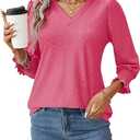 Rapbin 3/4 Length Sleeve Women's Tops Summer Trendy Puff-Sleeve V-Neck Blouses Dressy Casual Textured Smocked T-Shirt,  S