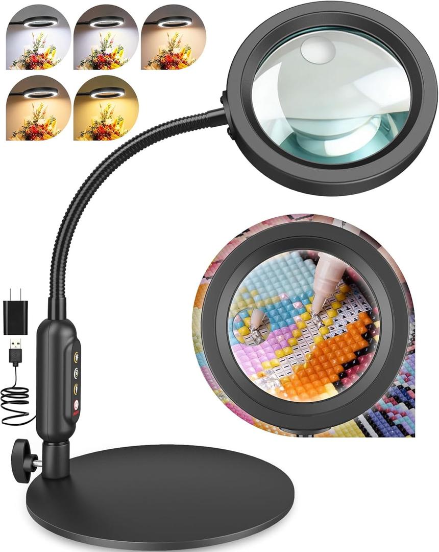 30X 10X Magnifying Glass with Light and Stand, 5 Color Modes Stepless Dimmable, Optical Grade HD Lens, LED Lighted Magnifier Hands Free with Flexible Gooseneck for Close Work, Craft, Hobby, Painting