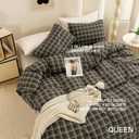 ECOCOTT Cotton 3 Pcs Duvet Cover Set Linen Feel Brown & Blue Plaid Queen
