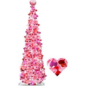 Valentines Day Decorations 5Ft Pink Valentines Christmas Tree with Lights Timer Battery Operated Pop Up Artificial Tree with Heart Ornaments, Heart Topper Decorations for Indoor Home Outdoor Office