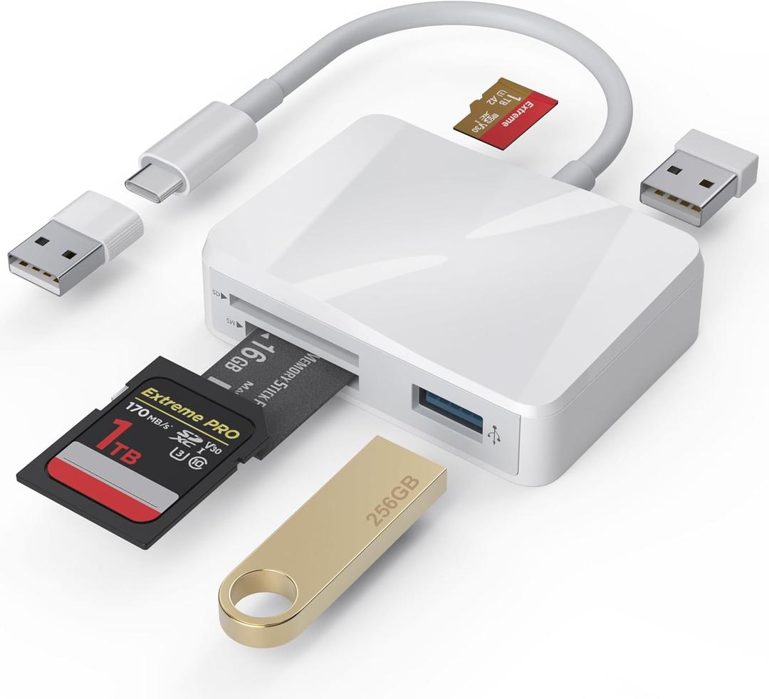 SD Card Reader, 5 in 1 USB-C & USB Card Adapter with SD/MicroSD/MS and Dual USB-A Ports Memory Card Reader for iPhone 17/16/15 Pro Max iPad MacBook Pro/Air M4/M3 Android Phone/Tablet PC (White)