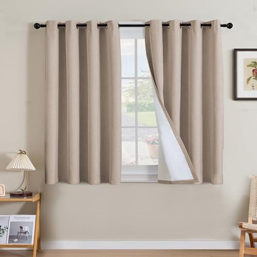 H.VERSAILTEX Linen Curtains 100% Blackout Curtains for Bedroom 45 inch Long Full Light Blocking Nature Linen Blended Window Curtains for Living Room Nickel Grommet (2 Panels, Heathered Sand)