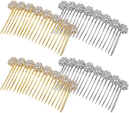 Geosar 4 Pieces Alloy Rhinestone Side Hair Combs Crystal Flower Clips Wedding Comb Bridal Jewelry Clips Combs French Hair Accessories for Women(Silver,Gold)