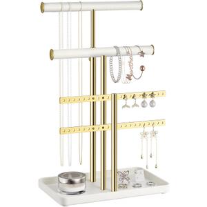 pickpiff Jewelry Holder Organizer with Velvet, Adjustable 10"-17" Tall, Metal Stand for Display Bracelet, Necklace, Earrings, Rings, White and Gold