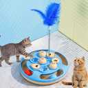 Cat Puzzle Toys Games Level 3 in 1 with Track Balls, Interactive Mentally Stimulating cat toys for IQ Training,Feather Teaser & Treat Feeder, Enrichment for Indoor Cats, Kitty Gift (Blue)