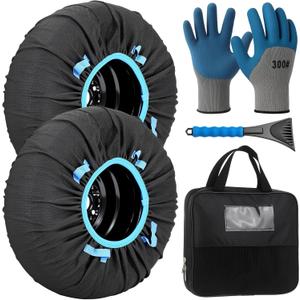 4 Pack Automotive Snow Socks for Tire, Traction Aid Anti Slip Tire Covers Chain with Ice Scraper Gloves, Universal Emergency Winter Kit for Cars Suvs Trucks Quick Fit Easy Installation (XL)