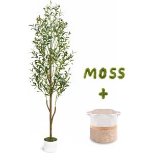 Waipfaru Artificial Olive Tree, 6FT Tall Faux Olive Trees with Planter & Basket, Artificial Plants Indoor with Natural Wood Trunk and Realistic Fruits for Home Decor Office Living Room (Green)