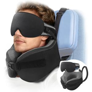 YFONG Travel Pillow for Long Flight Airplanes, Head Strap Combo with 3D Contoured Eye Mask for Sleep, Neck Pillow for Car Trip Essential, 360 Support Memory Foam Headrest, Prevent Head Bobbing, Black