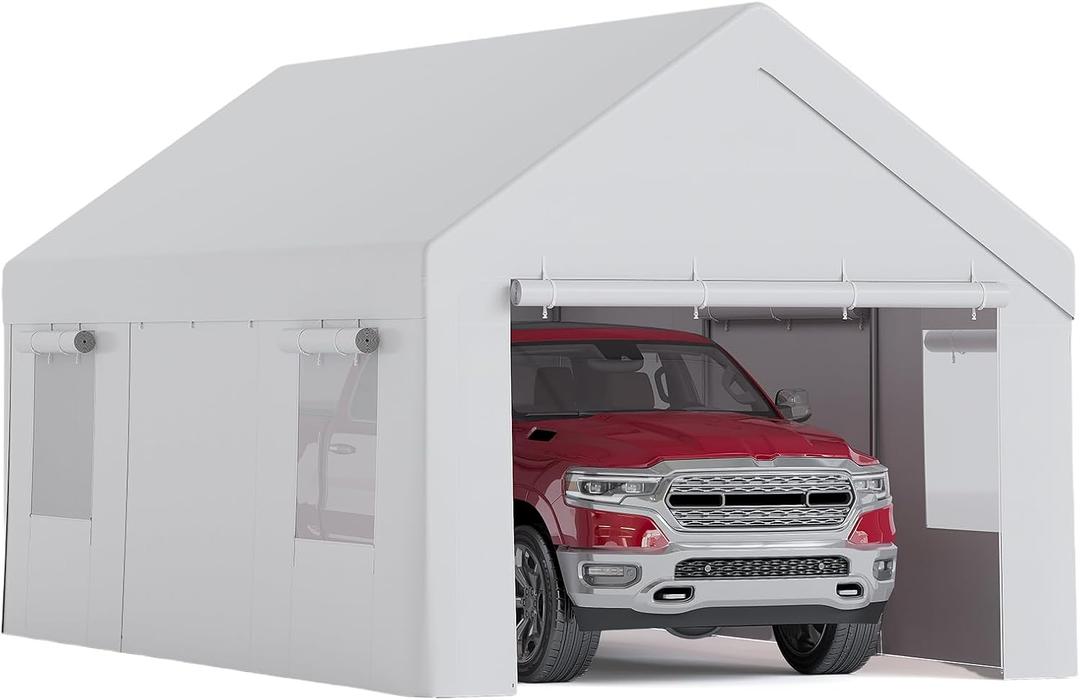 10 x 20FT Heavy Duty Carport with Roll-Up Windows, Portable Garage with Removable Sidewalls & Doors, Portable Car Tent Garage with Roll-Up Windows and All-Season Tarp, for Car, Truck,