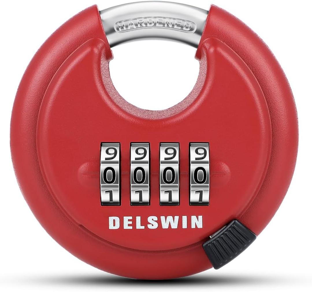 DELSWIN Outdoor Combination Padlock - 4 Digit Heavy Duty Disc Lock with Hardened Shackle,Combo Padlock for Gate,Storage Unit,Fence(25/64" Shackle, Red,1Pcs)