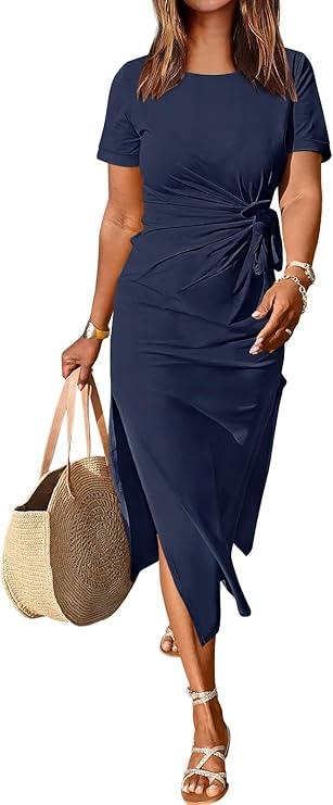 ANRABESS Women's 2025 Summer Maxi Tshirt Dress Short Sleeve Crewneck Tie Waist Casual Slim Fit Slit Spring Long Beach Dresses (Medium)