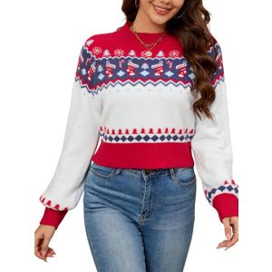LUBOT Christmas Sweaters Cardigans for Women Ugly Soft Fuzzy Knit Long Sleeve Pullover for Christmas Party Holiday S-XXL ((Cropped) Red & White)