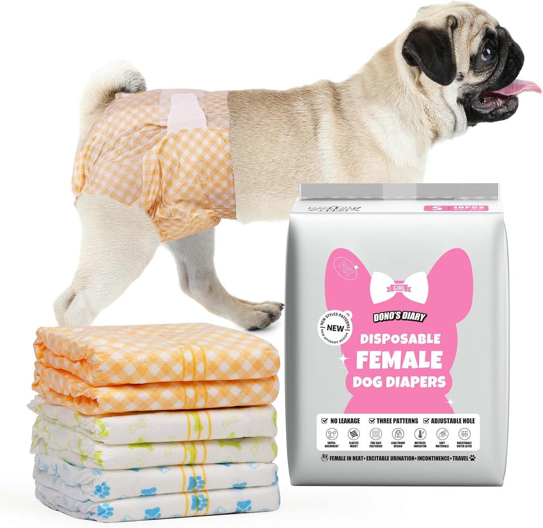 Dono Dog and Cat Diapers Female-60PCS, Disposable Female Dog Period Diaper for Heat with Wetness Indicator, Super Absorbent Doggie Puppy Diapers Female for XXS,Small Medium Large Dogs (S (9.8-15.7 inch))