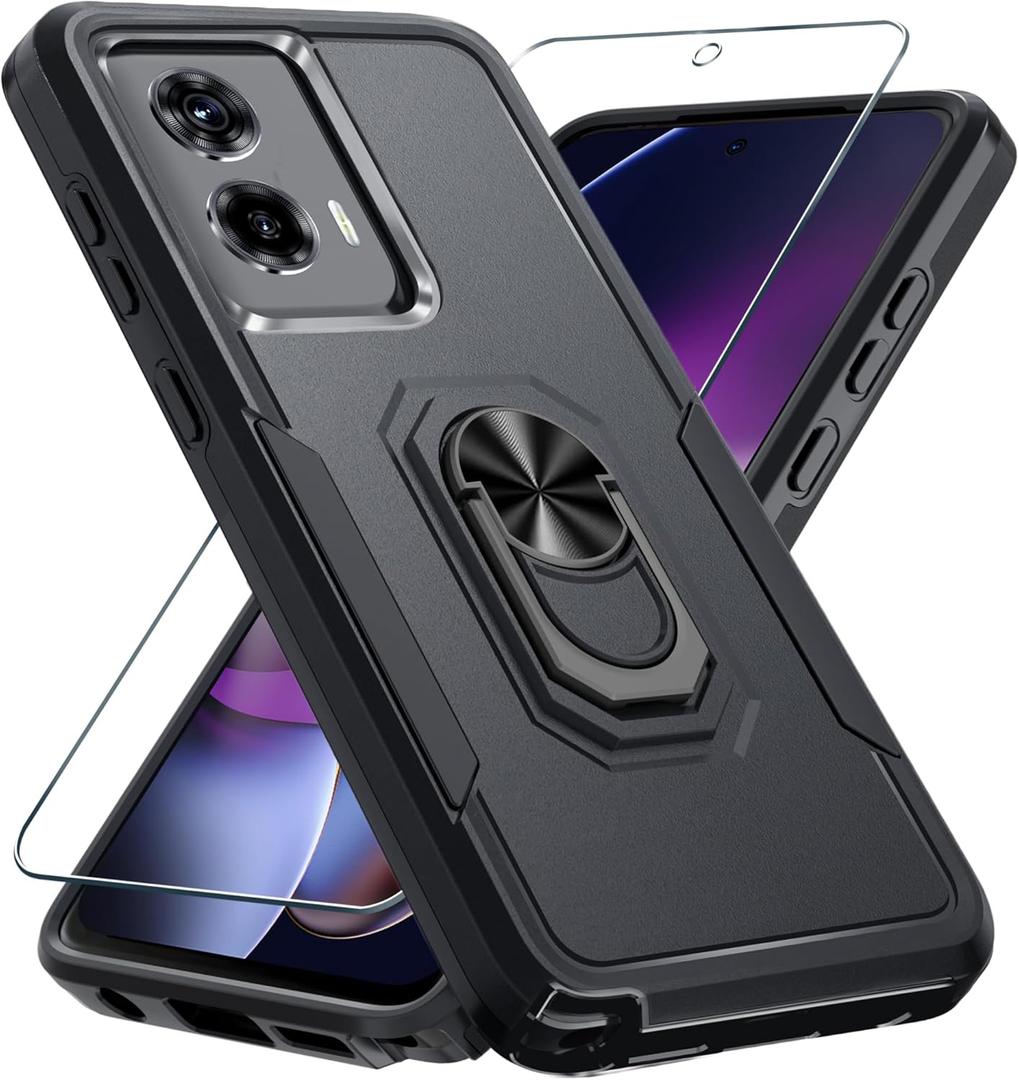 Janmitta Compatible with Moto G Stylus 5G 2024 Case with Screen Protector,Heavy Duty Shockproof Full Body Phone Cover Built in Metal Ring Holder Kickstand,Black Matte