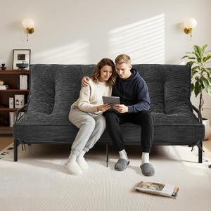 8 Inch Futon Mattress Queen Size, Futon Floor Sofa Bed Foldable with Soft Corduroy Fabric - High Resilience Foam Filling - 2 Storage Straps for Home, Guest Room, Dorm, Grey(Frame Not Included)