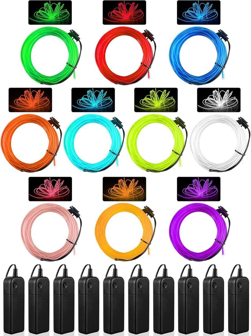Hortsun 10 Pack EL Wire Neon Light Portable LED Battery Powered Cuttable String Lights Glow in The Dark for DIY Costume for Party Christmas Decorations(9.84 ft)