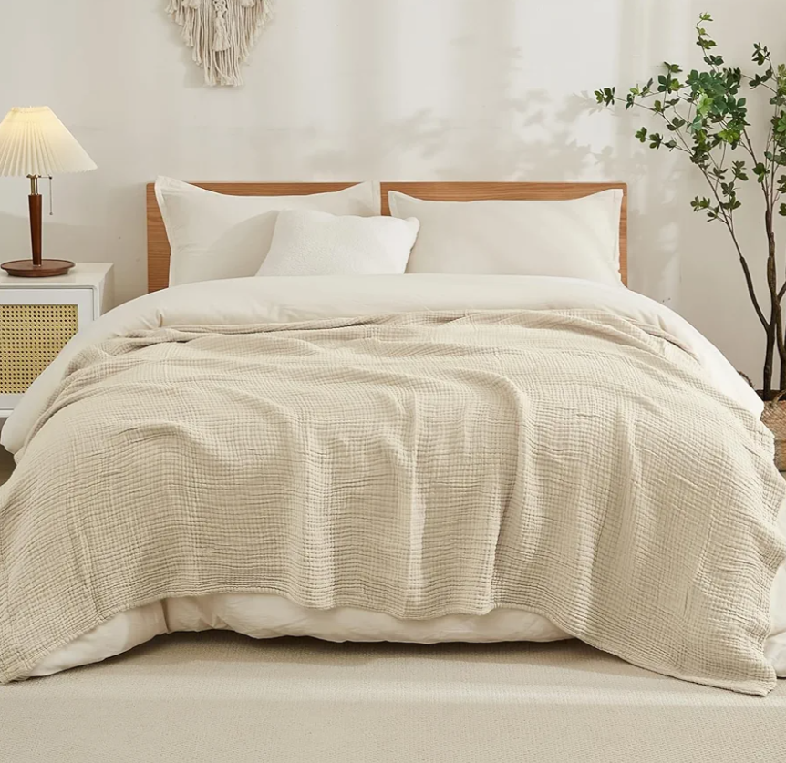 EMME Cotton Blanket Queen Size for Bed Soft Muslin Bed Blankets 90"x90" Lightweight Breathable Bedspread Coverlet All Season Gauze, Light Tan