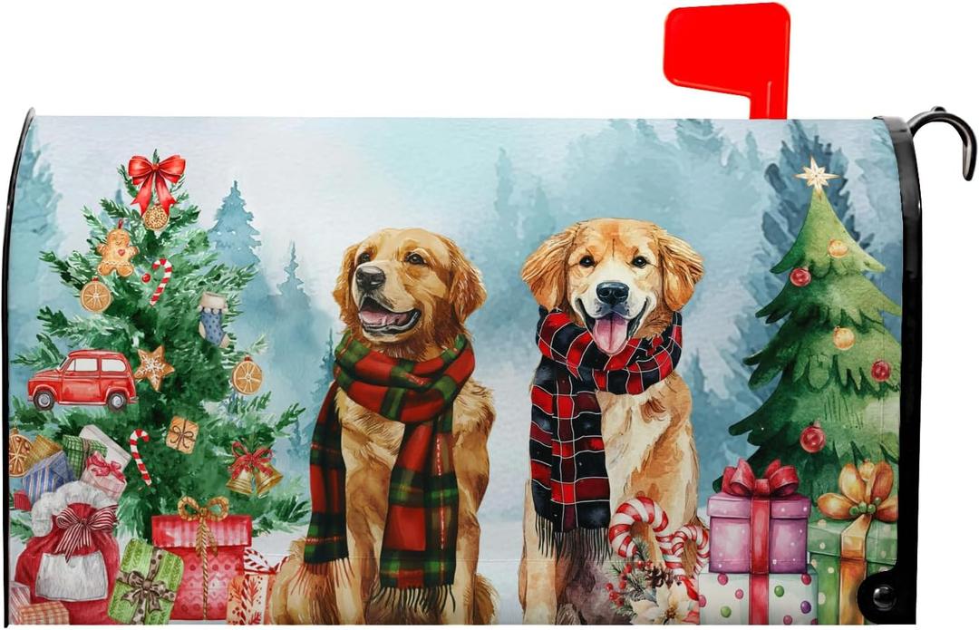 Xmas Dog Magnetic Mailbox Covers Christmas Tree Mail Box Cover Standard Size Winter Retriever Dogs Post Letter Box Wraps 21x18 Inch for Garden Outdoor Decor