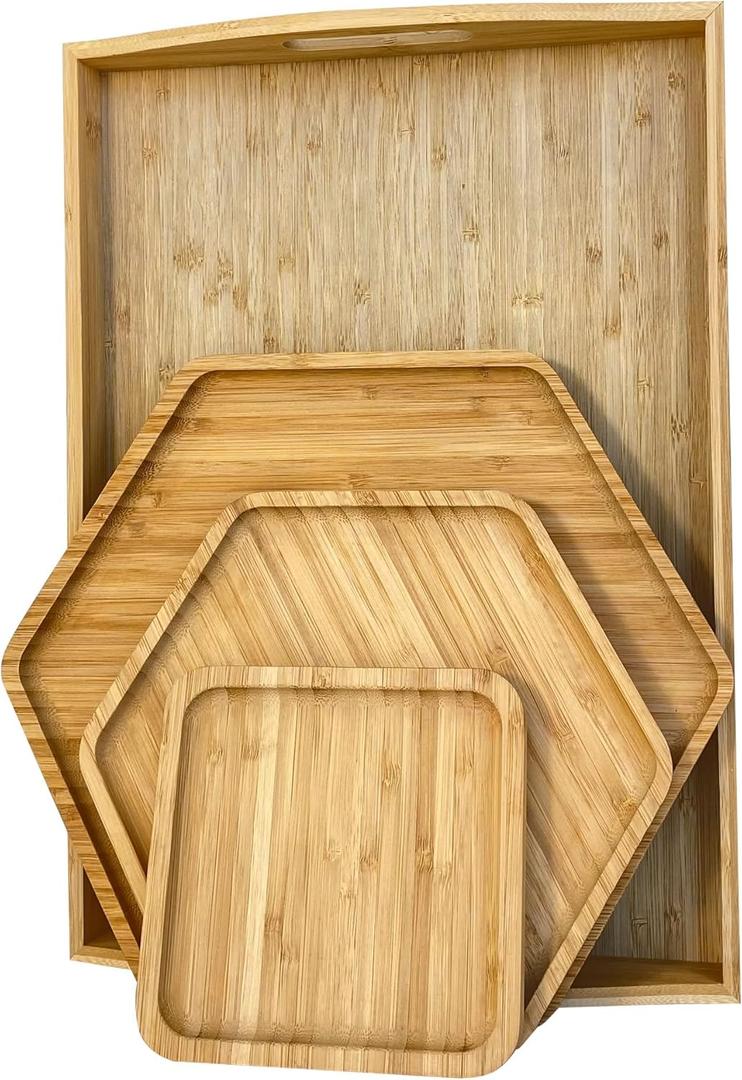 Bamboo Serving Trays Cutting Boards 16.5"x11.8"42x30cm with Handle, Set Includes 0.63"(1.6cm) Thick Plates 1xHexagon 12.5"(32cm)+1xHexagon 9.8"(25cm)+1xSquare 5.9"(15cm) for Family Dinner