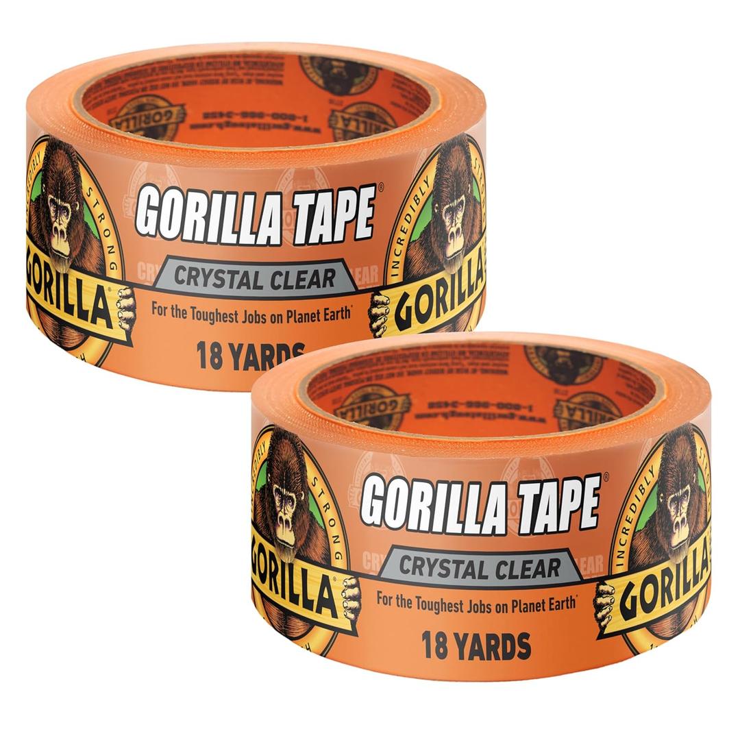 Gorilla Crystal Clear Tape, 1.88 x 18 yd (Pack of 2) - Weather Resistant for Indoor or Outdoor Projects and Repairs