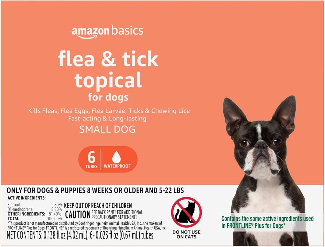 Amazon Basics Flea and Tick Topical Treatment for Small Dogs (5-22 pounds), 6 Count (Previously Solimo)