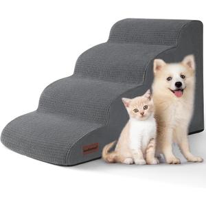 4-Step Dog Stairs and Ramp for Beds or Couches – Non-Slip Sturdy Pet Steps for Small Dogs and Cats,17.4" H,Grey