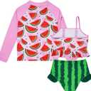 Funnycokid Girls Swimsuit Kids Bathing Suit Rashguard Swimwear Long Sleeve 3 Piece Toddler 3-7 Years