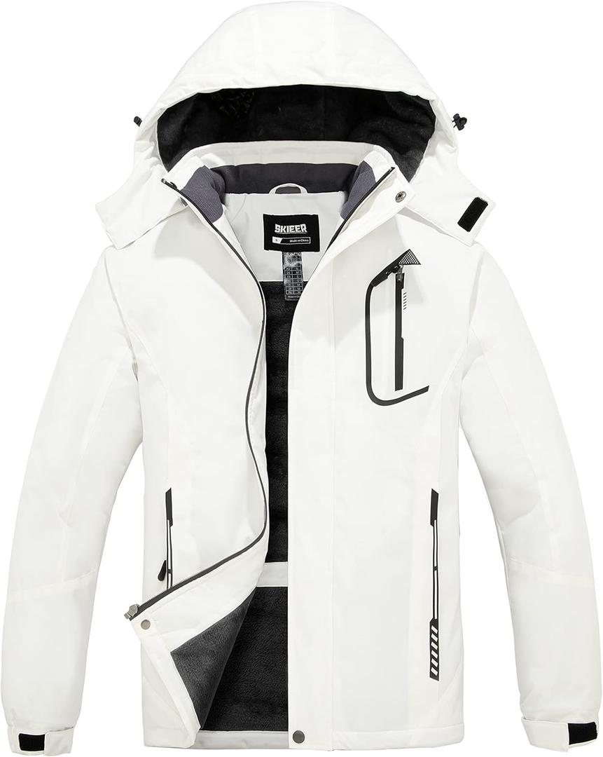 Skieer Men's Mountain Waterproof Ski Jacket Winter Rain Jacket Warm Fleece Snow Coat (Small, White)