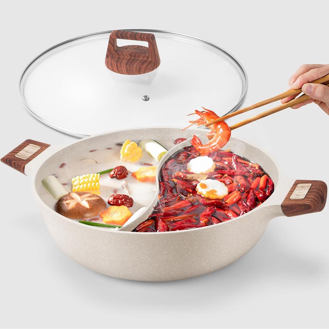 7-QT Shabu Shabu Hot Pot with Divider Double Flavor Divided Stockpot with Glass Lid Dual Sided Soup Cookware for Induction Cooktop Gas Stove Hot Burner