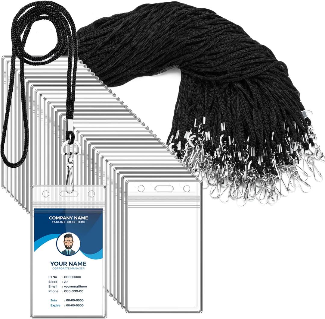 100Pcs Clear Plastic Vertical Name Tag Badge ID Card Holders and 100Pcs Black Neck Lanyards with Swivel Hook for School, Office, Business