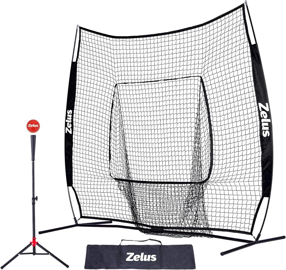 ZELUS 7x7ft Baseball Net, Baseball Softball Practice Net with Tee, Baseballs and Carry Bag for Batting Hitting and Pitching