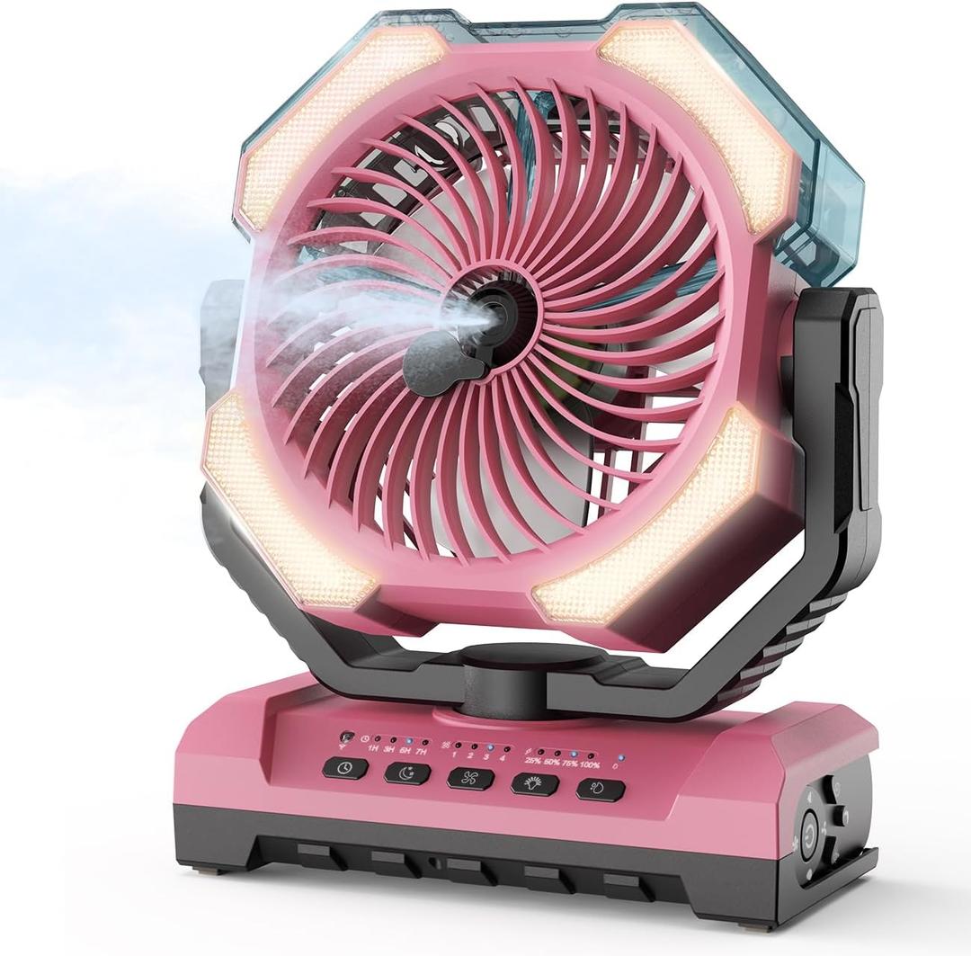 Misting Fan - Pink Portable Rechargeable Fan with 9oz Water Tank, Light, Hook - Versatile, 120H MAX Cooling, Last 5H Mist, 4 Speed, Sleep Mode - Outdoor Fans for Camping, Travel, Patios, Large