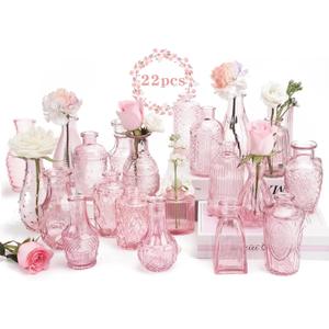 BEAHOT 22 Pack Pink Flower Vase in Bulk,Mini Vintage Glass Bud Vases for Centerpieces,Wedding Decor,Party & Home Decaration,Mother's Day (Pink)