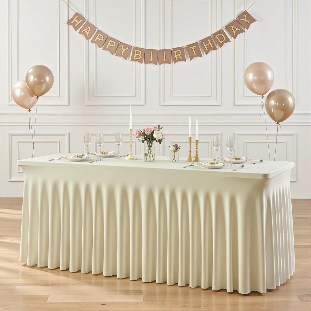 Suppromo 8ft Beige Spandex Tablecloths for Rectangle Tables Wrinkle Free Beige Rectangle Table Cloth Stretch Fitted Table Cover with Skirt for Wedding Birthday Party Banquet Baby Shower Buffet Event,Beige, 96" x 30" (8FT - 1 Pack)
