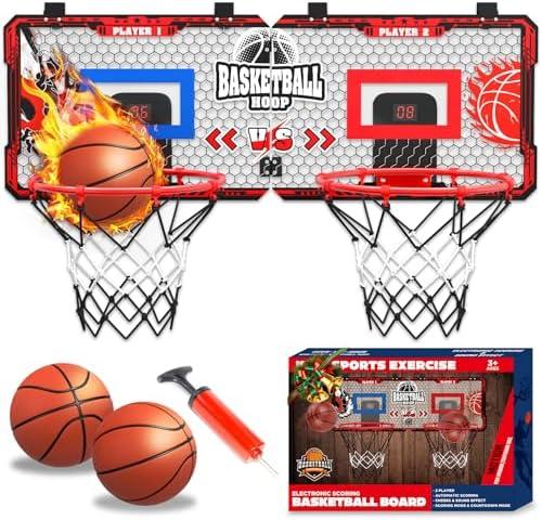 OZMI Double Player Basketball Hoop Over The Door Indoor with Balls, Mini 2 Player Basketball Hoop with Sound丨 LED Scoreboard丨2 Modes, Kids Boys Toys for 3 4 5 6 7 8 9 10 11 12 Year Old