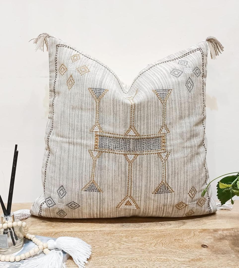 Eyda Homes Cotton Throw Pillow Cover Bohemian Farmhouse 20x20 Inches Square Decorative Soft Embroidered Cushion Cases for Sofa, Bedroom, Couch- Stone Grey