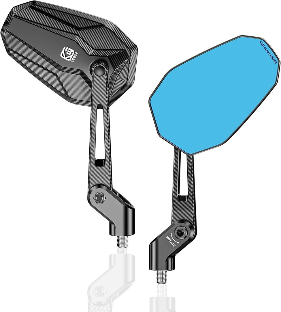 VAZESWIN Aluminum Alloy Waterproof Motorcycle Mirrors with M8 M10 Bolt, CNC Machining Anti-Glare Blue Lenses Rear View Mirrors, Foldable Multi-Angle Adjustable for Motorcycle ATV Scooter Moped Cruiser, 5.5" X 3.3"