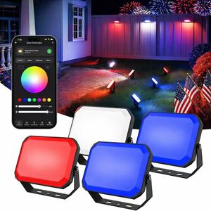 BrizLabs RGBCW Outdoor Flood Lights, Red White Blue WiFi Smart Pathway Landscape Lighting App/Voice Controlled, Color Changing LED Floodlights for Independence Day Christmas Garden Yard Lawn, 4 Pack