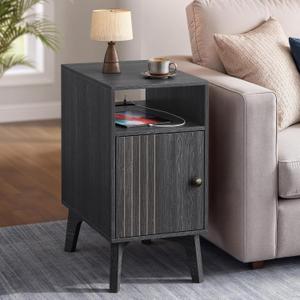 VASAGLE End Table with Charging Station, Narrow Side Table, Nightstand, 18.9"D x 11.8"W x 23.6"H