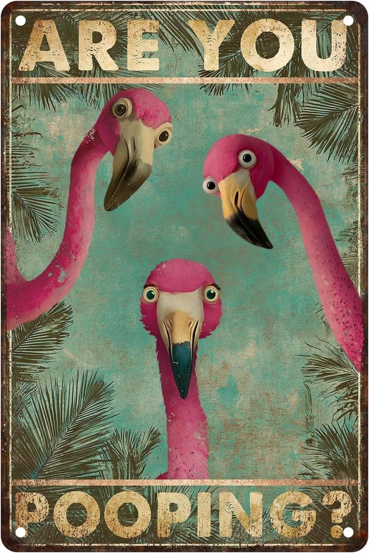 Flamingo Bathroom Decor Metal Tin Sign Funny Wall Art "Are You Pooping" Retro Poster for Guests and Family Restroom Toilet Washroom Tropical Home 8x12 Inch