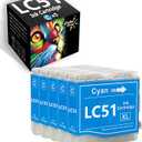Compatible LC51 Ink Cartridge Replacement for Brother LC-51 LC51CL LC51C for DCP-130C DCP-357C DCP-560CN DCP-770CW MFC-230C MFC-240C MFC-465CN MFC-5860CN MFC-885CW Printer (5-Pack, Cyan)