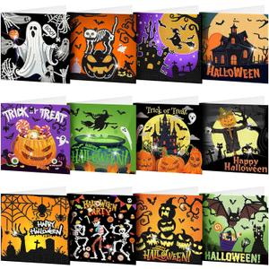Saillong 12 Pack Halloween Diamond Painting Greeting Card Kits DIY Diamond Art Cards with Envelopes Bat Black Cat Pumpkin 5D Rhinestones Painting for Adults DIY Craft Family Friend Halloween Gifts